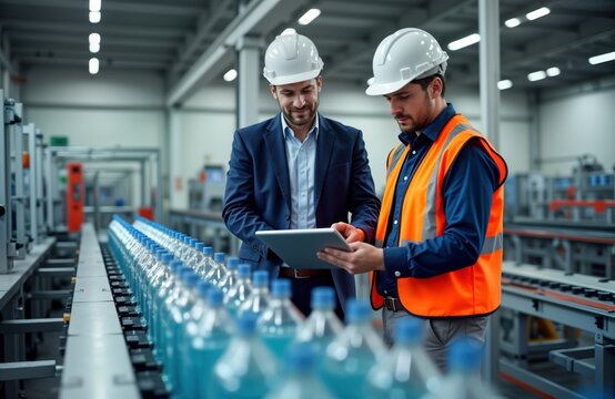 Supervisor, manager assess plastic bottles on conveyor belt. Look at tablet for quality control. Modern bottling plant. Industrial process. Manufacturing efficiency. Quality assessment of drinks.