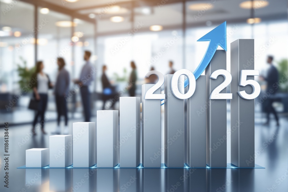 Poster bar graph with upward arrow representing growth, labeled 2025. office setting, blurred background wi