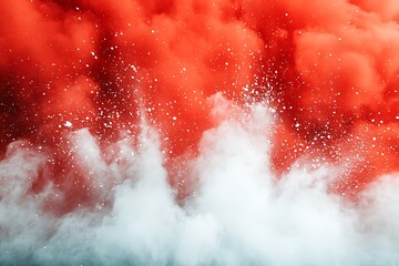 A bright red and white powder explosion creating a striking and festive display of color and motion