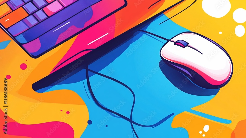 Poster vibrant tech abstract: keyboard and mouse on colorful background