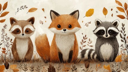 Fototapeta premium Cute cartoon animals in autumn setting.