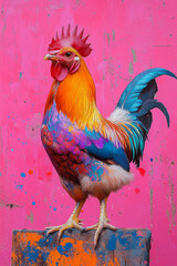 Fototapeta premium A majestic chicken with iridescent plumage in shades of blue, orange, and purple, standing out on a bright pink backdrop with artistic paint splatter effects,