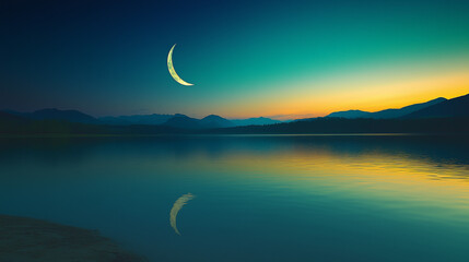 Crescent moon reflecting over a serene lake at twilight