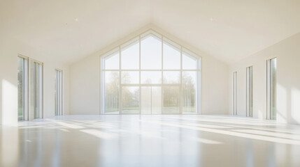 Fototapeta premium Empty white business office room with white floor, ceiling and walls and sunlight from large windows and empty space white colorless business architecture office room 3d illustration