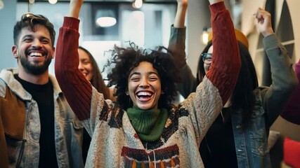A group of happy people celebrates local craftsmanship at a fashion exhibit, featuring clothing made from sustainable materials.