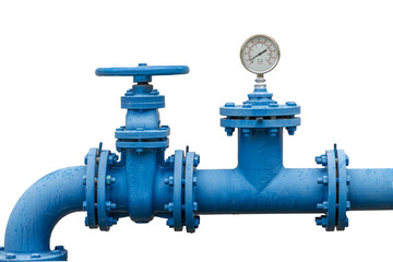 Heavy industry water pipe connector with gate valve pipeline and pressure gauges isolated on white