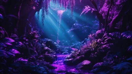 Obraz premium Ethereal Glow Illuminating a Mystic Waterfall in a Lush, Enchanting Grotto