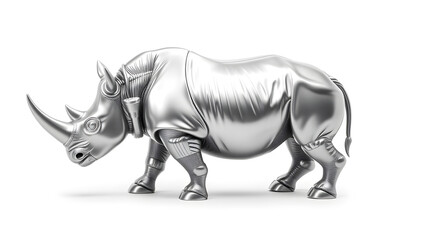 Fototapeta premium Rhino metallic 3D image of silver rhino on white background. Generative AI