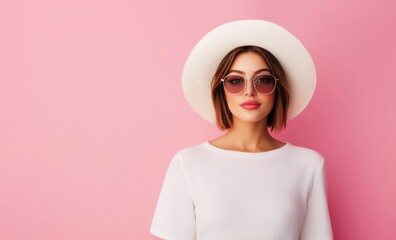 A fashionable woman wearing a wide-brimmed summer hat and oversized sunglasses stands confidently in front of a vibrant pink backdrop