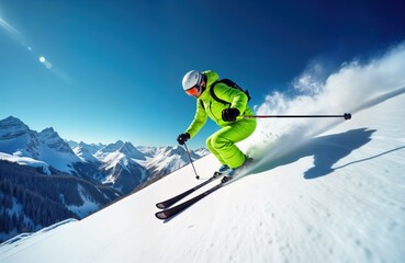 Man skis downhill on groomed slope. Sunny winter day in mountains. Skier wearing bright lime green outfit. Beautiful snow-covered peaks, valleys in background. Clear blue sky above. Active recreation
