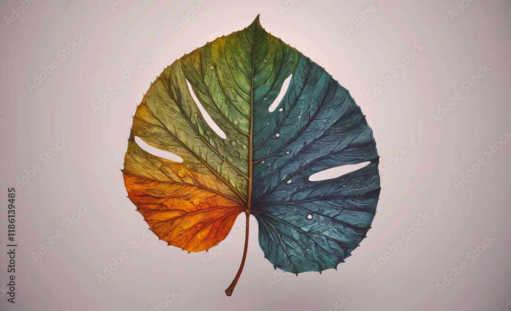 Poster leaf with a green stem and a red stem. the leaf is on a white background