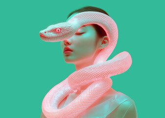 Digital art portrait of Asian woman with pink neon glowing snake, whrapping around her head