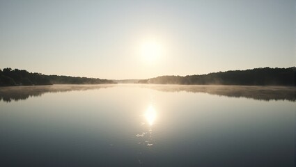 Fototapeta premium Tranquil morning scene with sunlit lake and gentle ripples evoking serenity