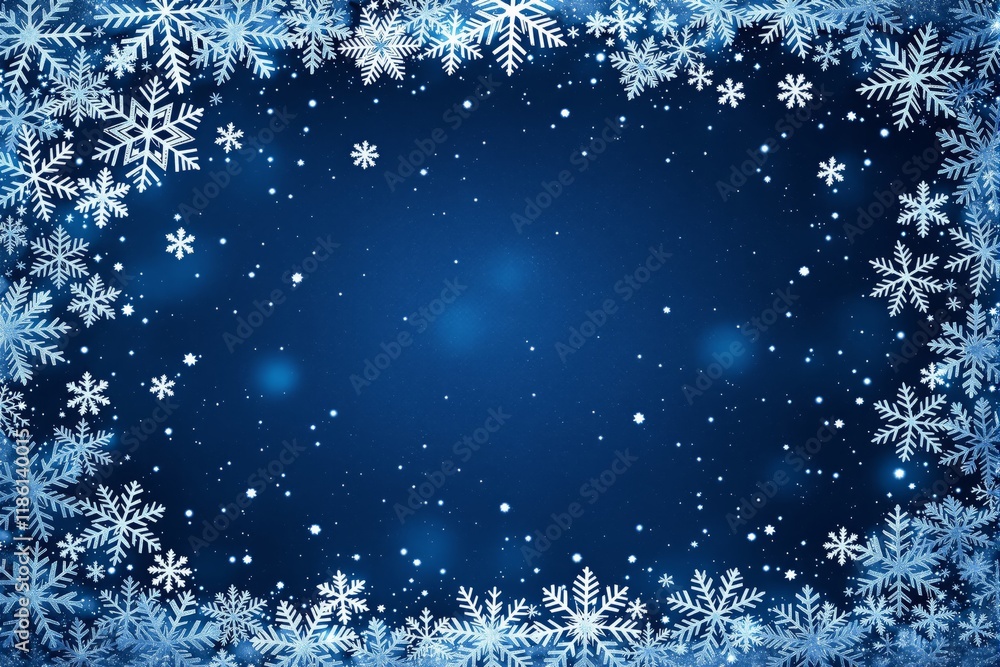 Poster snowflakes border a bright blue background with glowing stars and frosty patterns, creating a festiv