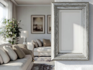 Close-up view of a framed mockup in a 3D living room, showcasing realistic interior decor elements for added charm.