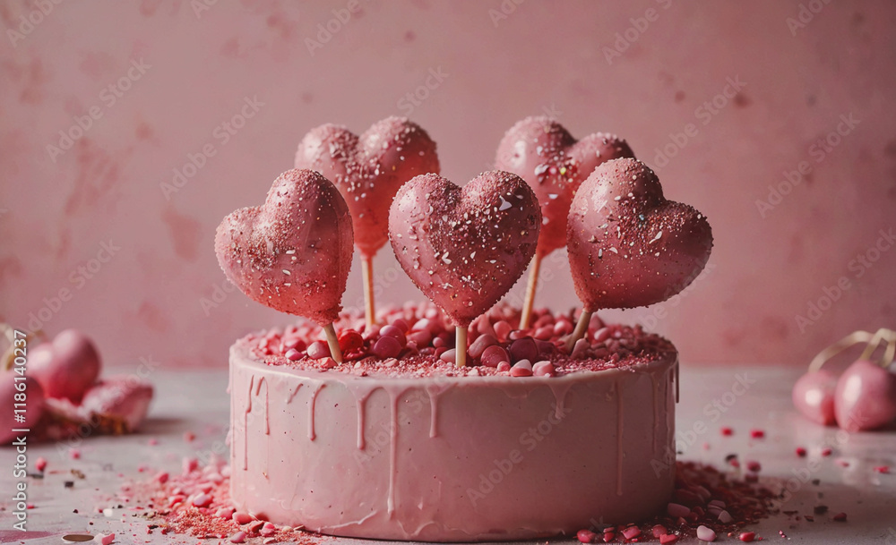 Poster pink cake with five heart shaped candies on top. the cake is on a table. there are also some pink ca