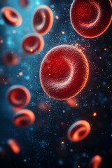 Naklejka premium A medical 3D render of red blood cells in motion, surrounded by soft glowing blue plasma, displayed on a clean and simple background,