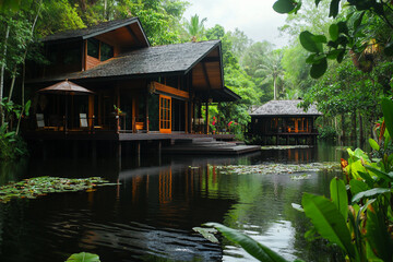 Obraz premium A beautiful tropical island with palm trees surrounded by mountains generative AI image