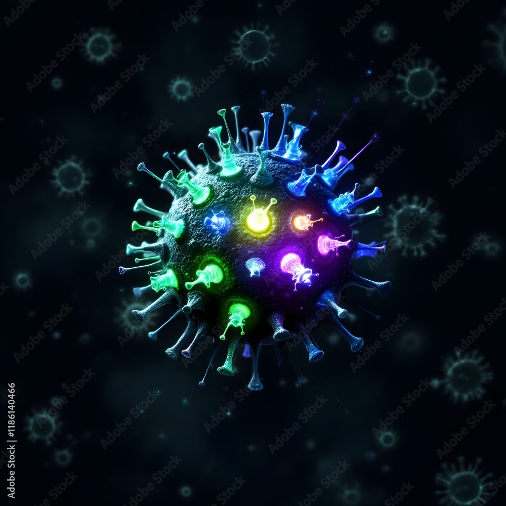 Poster glowing virus structure with spikes on black background in microscopic view