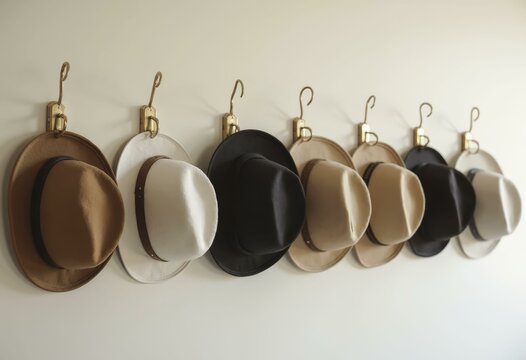 Variety of hats neatly hung on brass hooks against neutral background