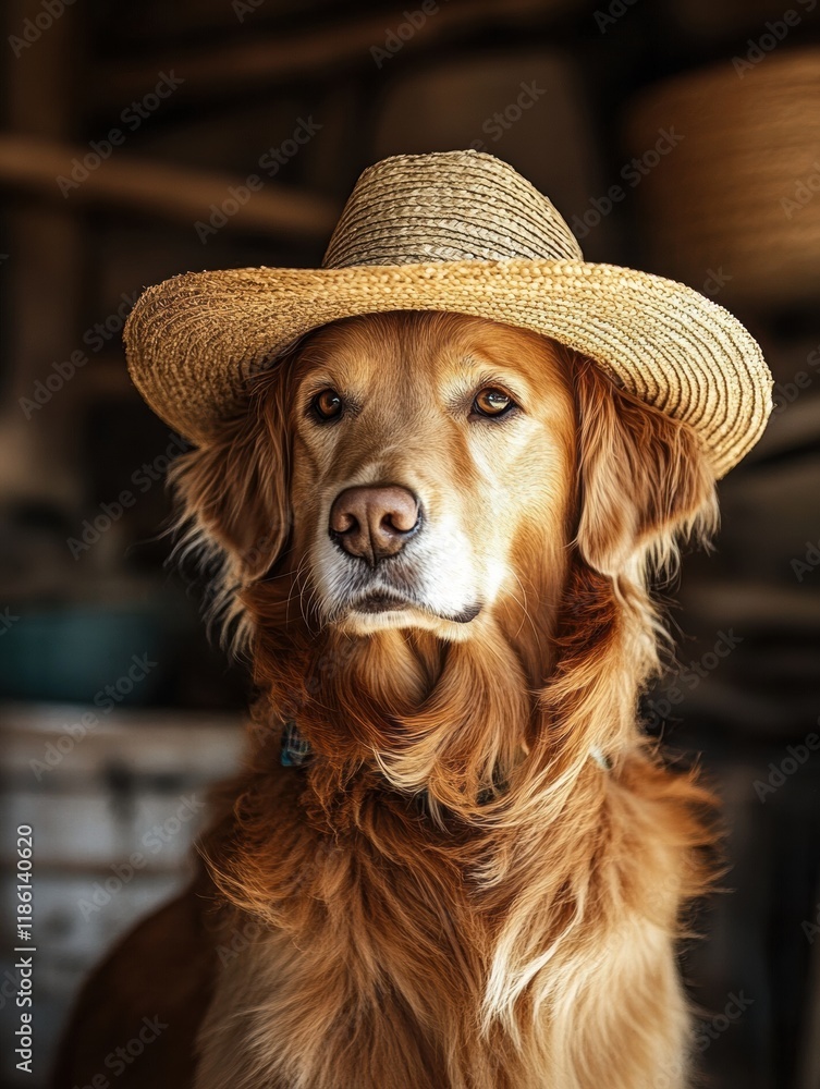 Poster charming golden retriever in a straw hat enjoys a rustic farm environment during a sunny afternoon. 