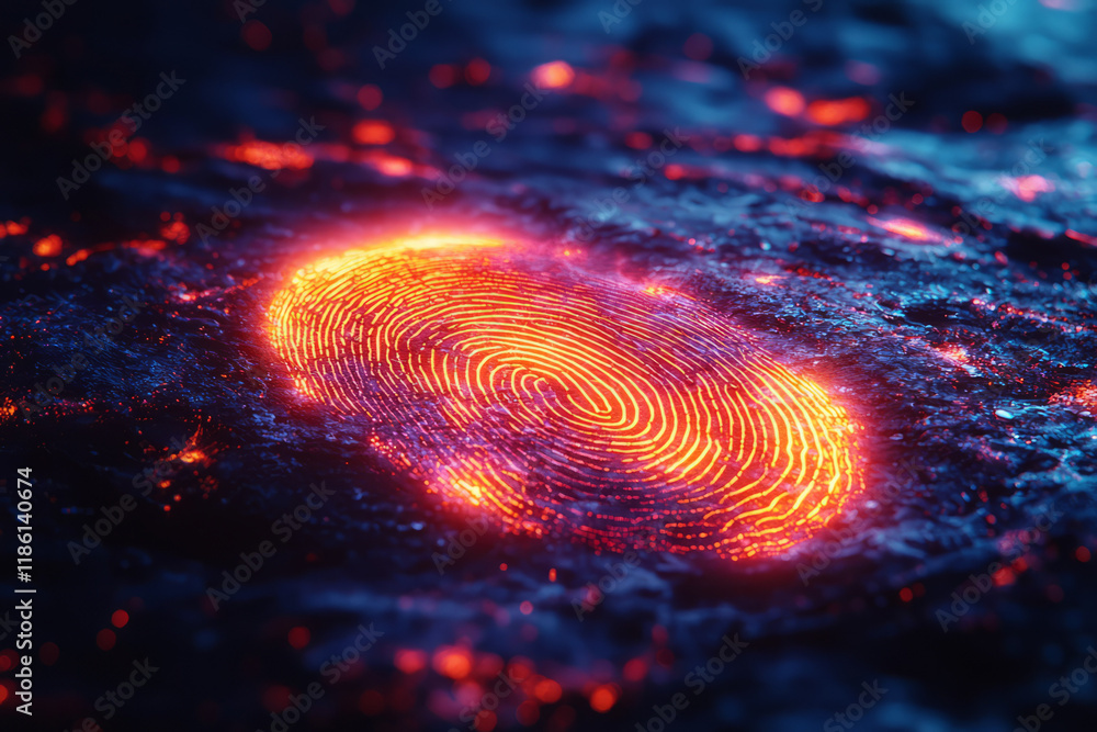 Poster a glowing multicolored fingerprint with neon hues on a plain black background, creating a futuristic
