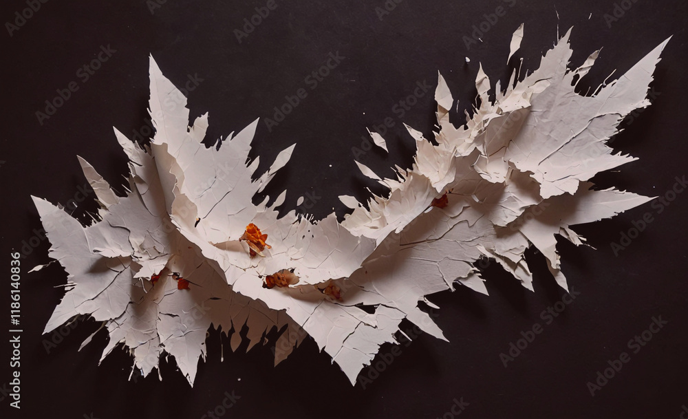 Poster white leafy branch with a black background. the branch is made of paper and has a lot of white splat