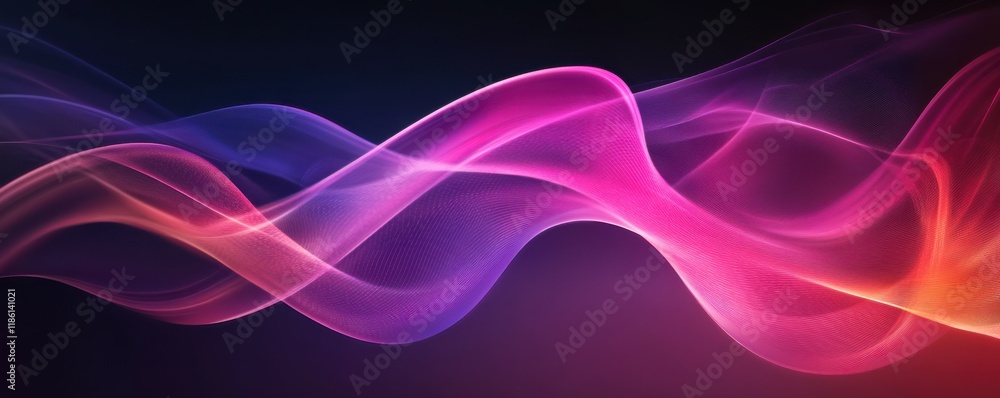 Poster abstract digital art with vibrant colors, featuring flowing patterns of light in shades of pink and 