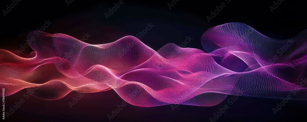 Poster abstract digital art with vibrant colors, featuring flowing patterns of light in shades of pink and 