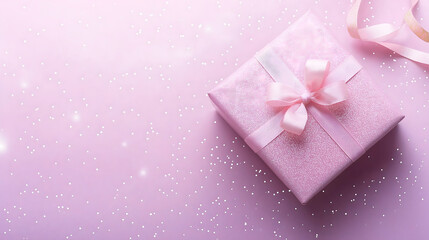 Fototapeta premium Elegant Gift Presentation: A Pastel Pink Box Wrapped in a Sparkling Ribbon, Exuding Soft Elegance and Thoughtful Charm for a Special Occasion