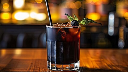 Beautifully Served Black Cow Cocktail on the Bar Counter: Elegant Beverage Presentation in a Stylish Setting