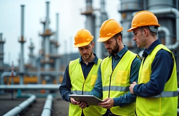 Three engineers in bright yellow vests, orange safety helmets work at oil refinery. Look at tablet computer, discuss. Setting industrial plant with large pipes, structures in background. Photo shows