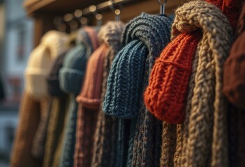 Row of knit sweaters hanging with soft lighting and intricate textures