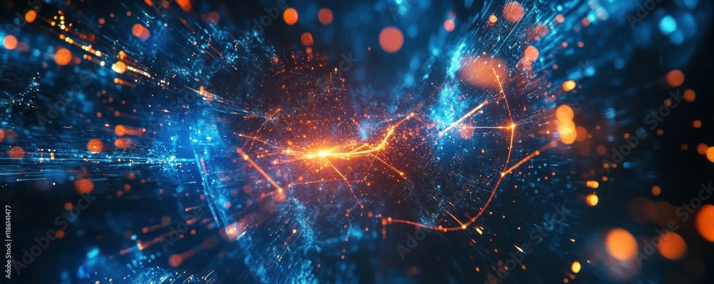 Poster abstract digital network connections glowing in dark blue, futuristic data concept, dynamic tech vis