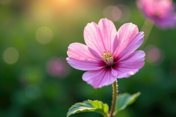 Obraz premium Soft pink petals of Mallow unfold on the stem, floral, nature, malva sylvestris