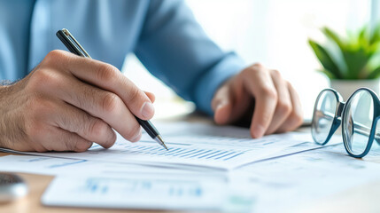 Business Professional Analyzing Financial Charts with Pen and Glasses