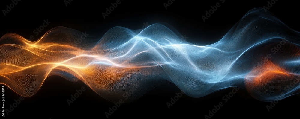 Poster abstract digital waves, blue and orange light particles, futuristic background, technology concept, 