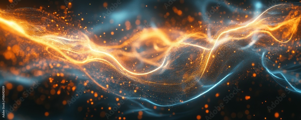 Poster abstract digital waves, blue and orange light particles, futuristic background, technology concept, 