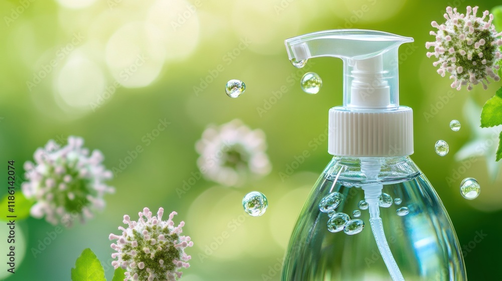 Poster sanitizer droplets effectively eliminating harmful bacteria among green foliage in a natural setting