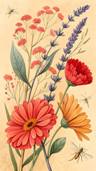 Fototapeta premium Colorful gerberas and lavender with insects in botanical illustration