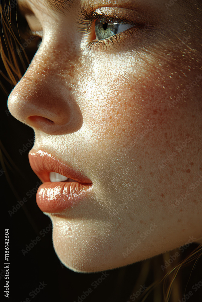Poster a subtle vertical split near the nose bridge, detailing soft wrinkles around the mouth on one side a