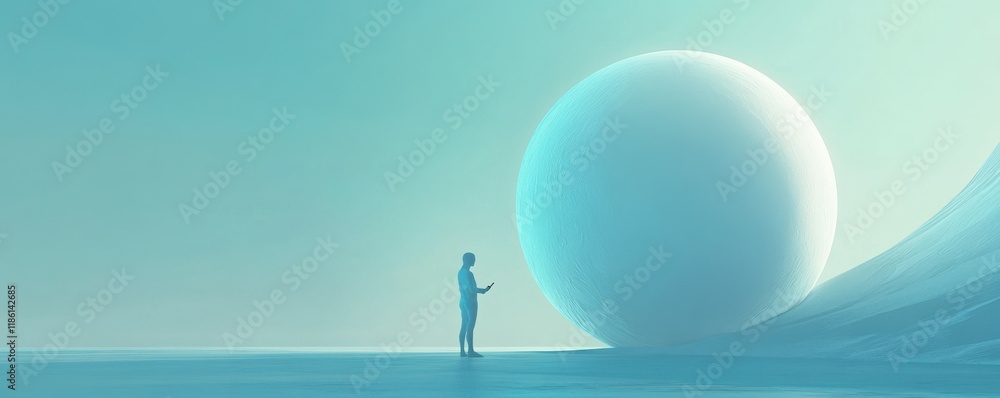 Poster abstract figure with mobile phone surrounded by a large spherical shape, harmonizing technology and 