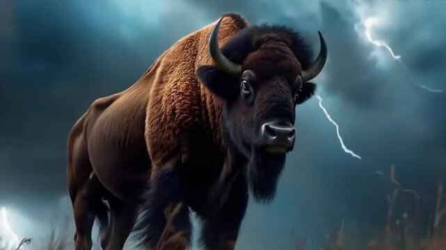 A bison standing tall against a dramatic, storm-filled sky