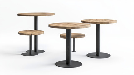 Cafe tables set isolated on white background. Vector cartoon illustration of round and square wooden and metal desks on one leg, dining room, restaurant, cafeteria furniture, interior elements