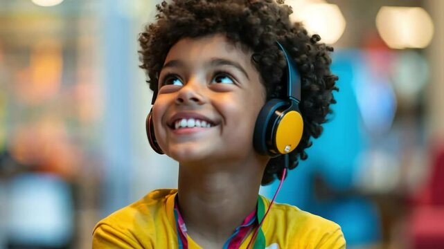 A happy boy learns about smart hearing aids during an interactive technology showcase, testing devices designed to help young and elderly users hear better.