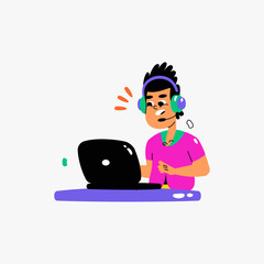 Man using laptop with headset in flat vector illustration symbolizing online work, communication, and technology, isolated on white background