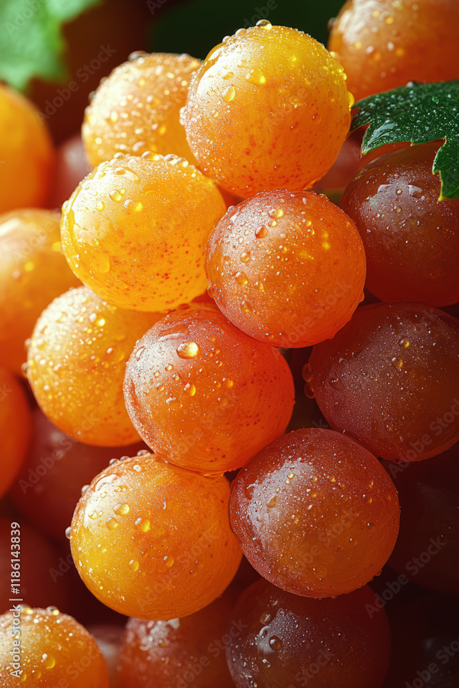 Poster macro shot of fresh grape cluster with shiny water droplets, highlighted by a soft focus background 