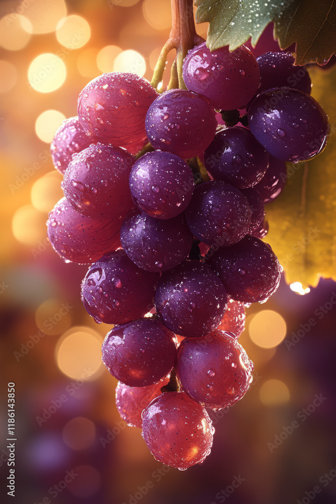 Aufkleber macro shot of fresh grape cluster with shiny water droplets, highlighted by a soft focus background 