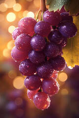 Macro shot of fresh grape cluster with shiny water droplets, highlighted by a soft focus background in earthy and golden tones,