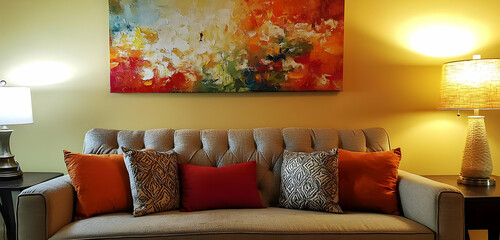Comfortable living room with navy blue walls, green armchair, silver artwork, and floral decor, making it a peaceful space.